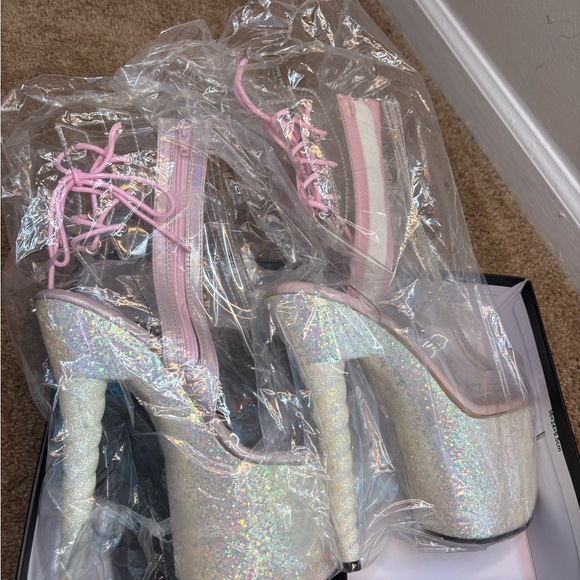 Pleaser Unicorn Pink and White Glitter Platform Heels - Picture 8 of 9